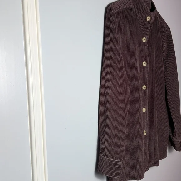 Chadwicks Women’s Dark Brown Corduroy Mandarin Collar Button Down Shirt Shacket - Picture 4 of 15